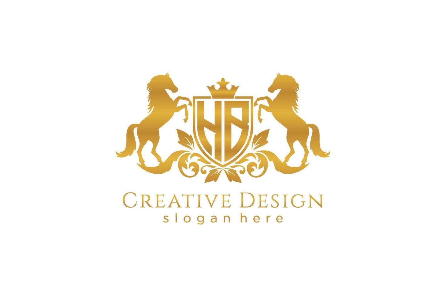 initial HB Retro golden crest with shield and two horses, badge template with scrolls and royal crown - perfect for luxurious branding projects vector