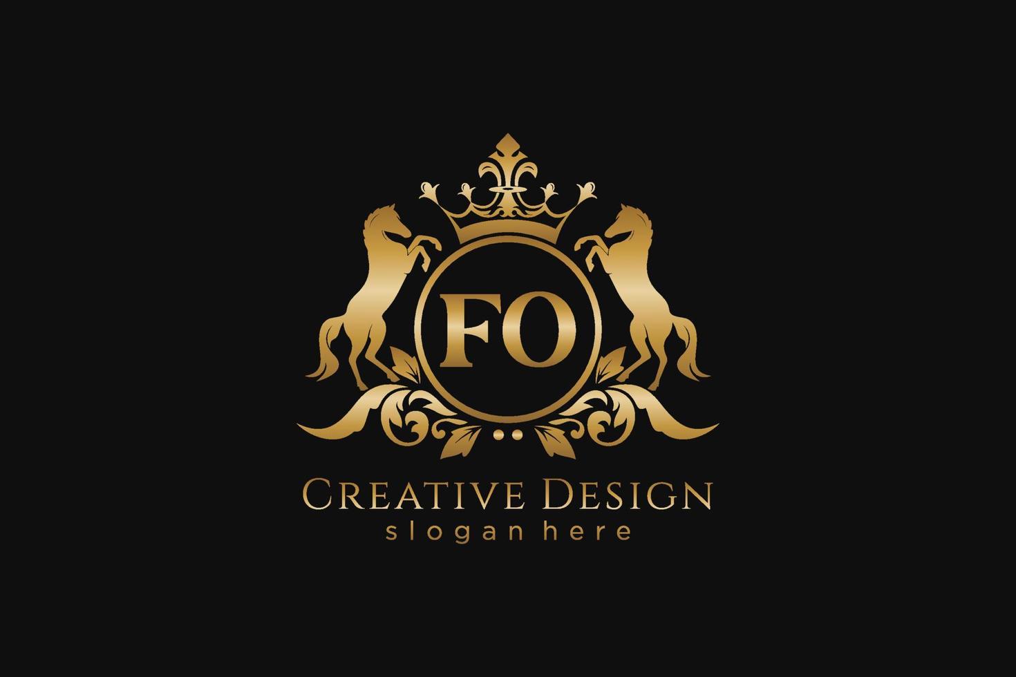 initial FO Retro golden crest with circle and two horses, badge template with scrolls and royal crown - perfect for luxurious branding projects vector