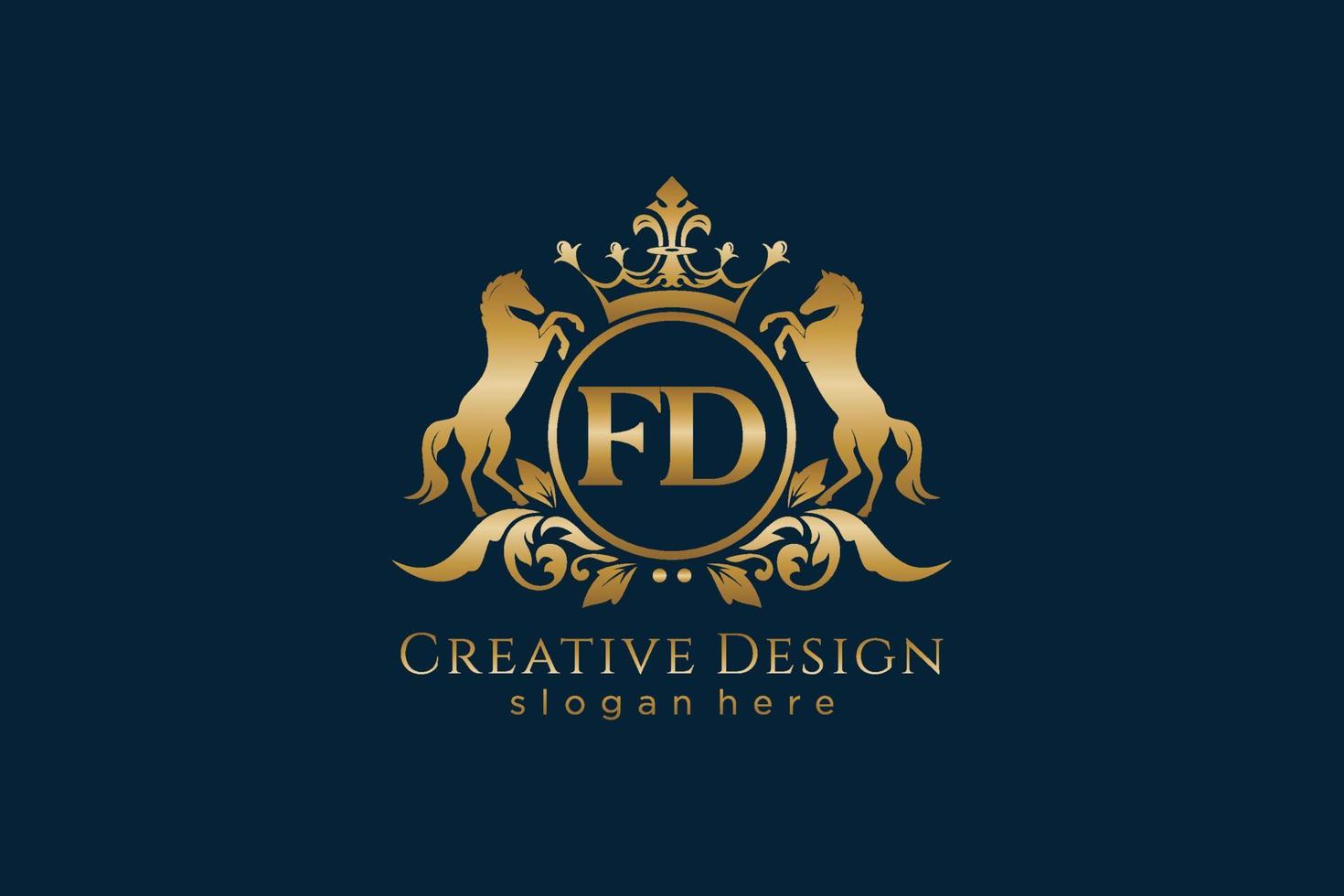 cresta dorada retro fd inicial con círculo y dos caballos, plantilla de insignia con pergaminos y corona real, perfecta para proyectos de marca de lujo vector