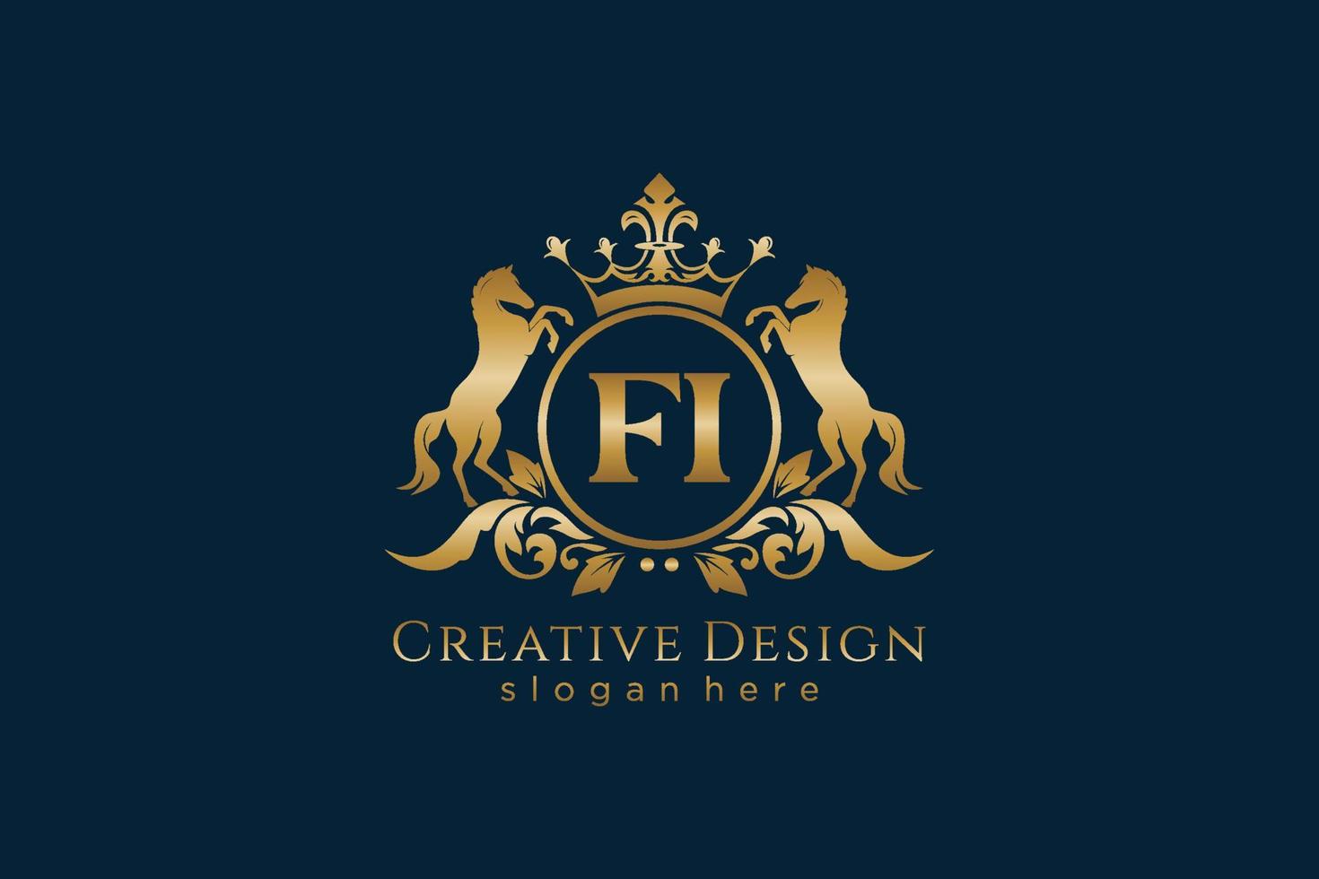 initial FI Retro golden crest with circle and two horses, badge template with scrolls and royal crown - perfect for luxurious branding projects vector