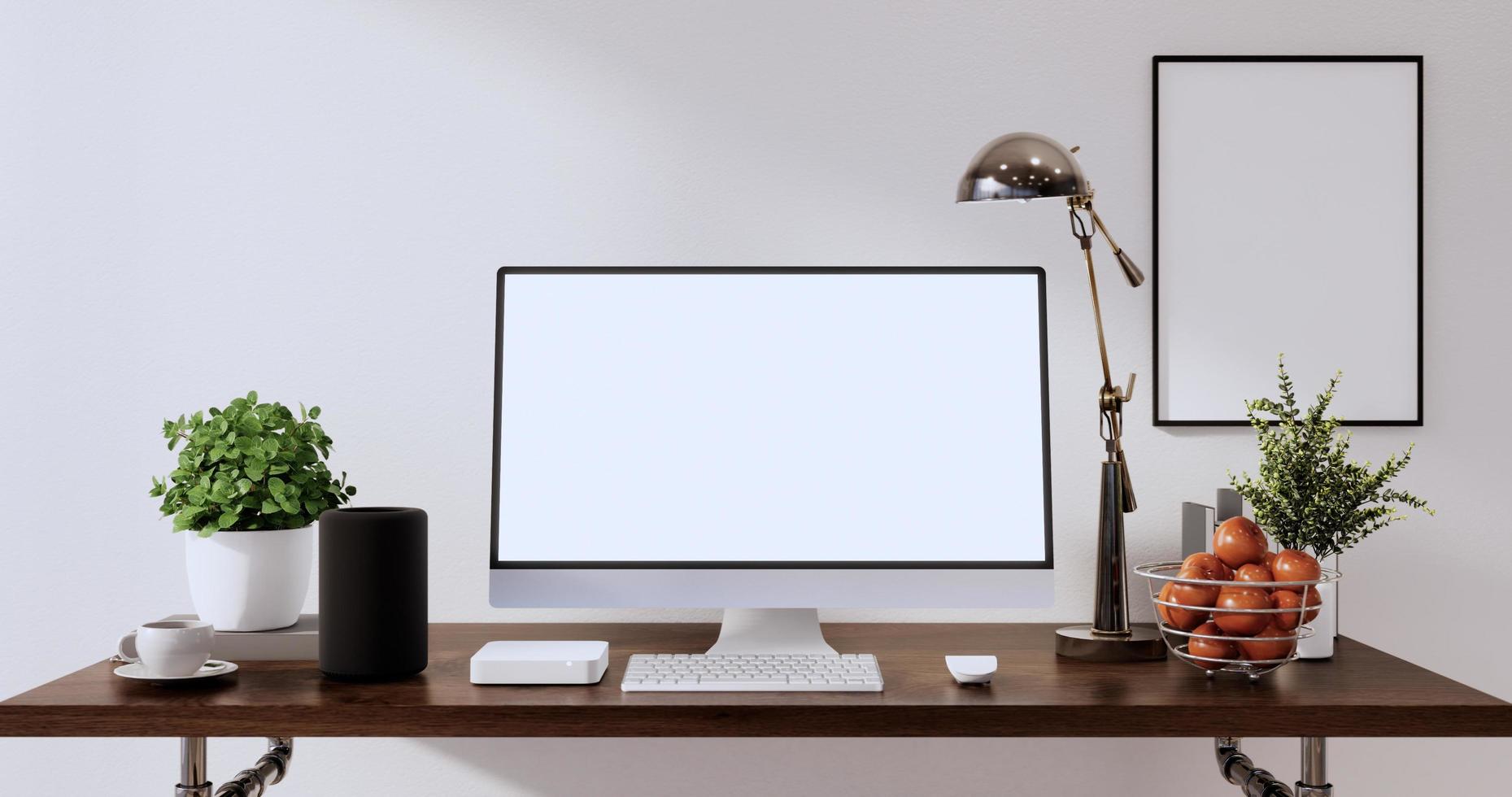Mock up office table desk. blank computer screen in office modern room. 3d rendering photo