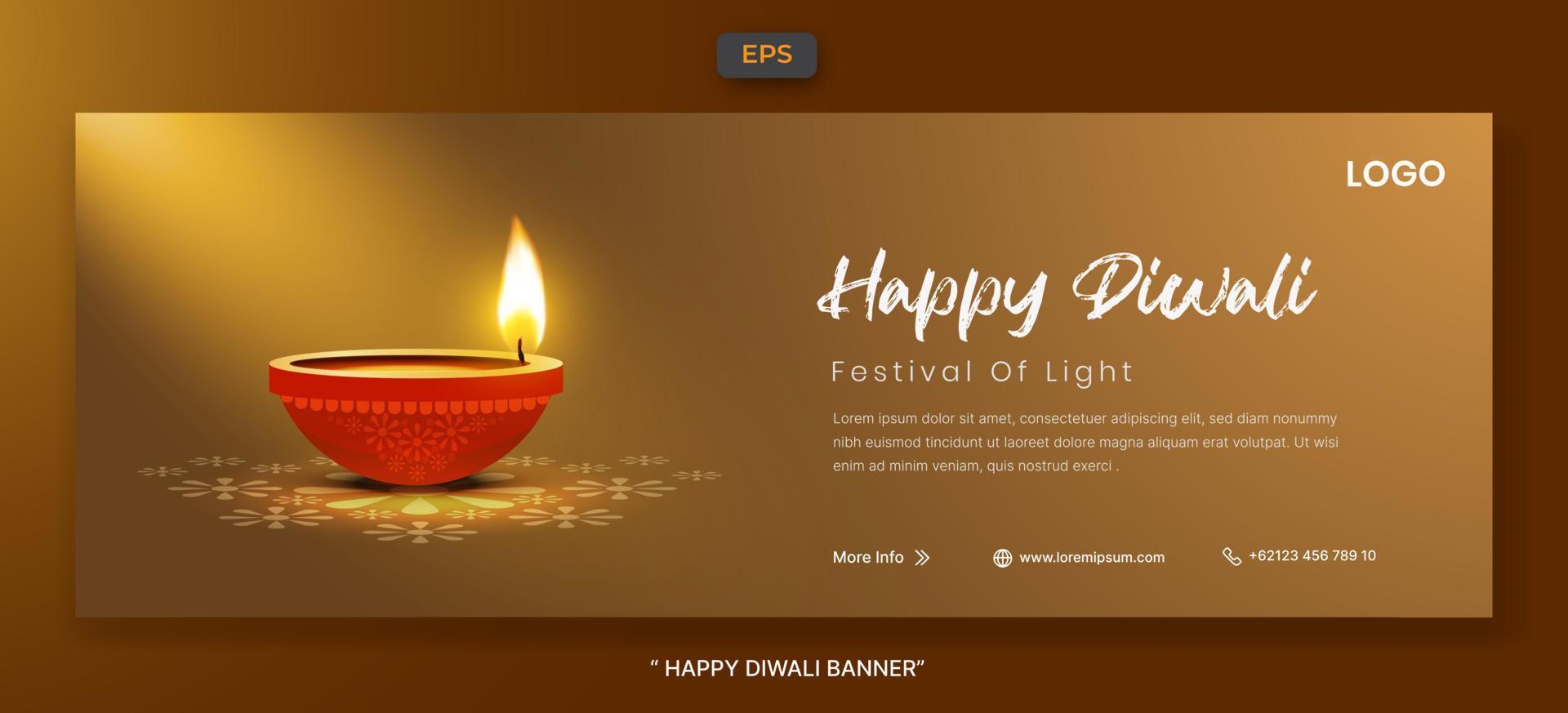 feliz festival de luces de diwali con plantilla de banner web de elemento de lámpara de aceite realista vector