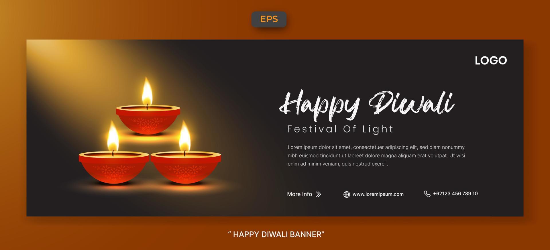 feliz festival de luces de diwali con plantilla de banner web de elemento de lámpara de aceite realista vector