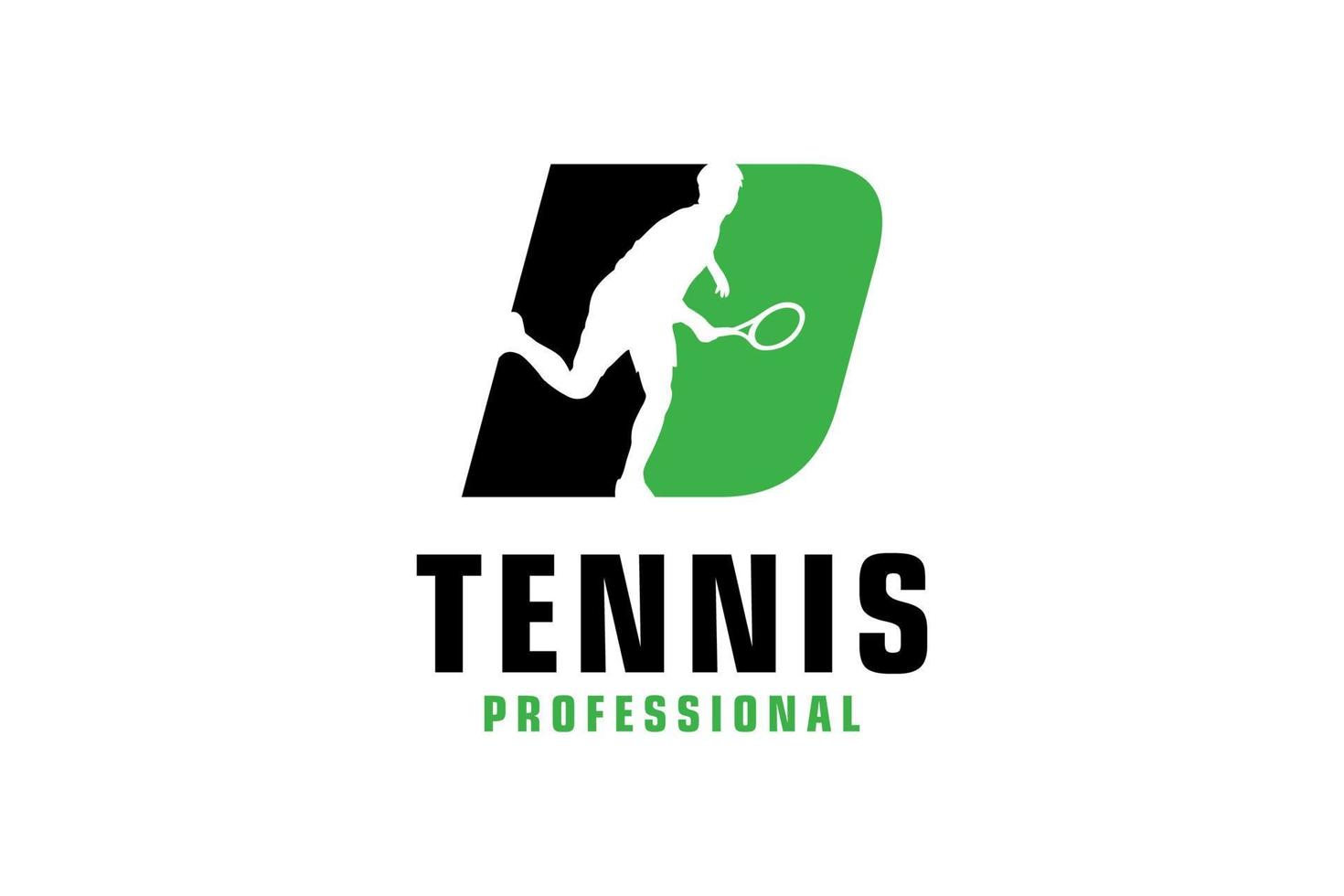 letra d con diseño de logotipo de silueta de jugador de tenis. elementos de plantilla de diseño vectorial para equipo deportivo o identidad corporativa. vector