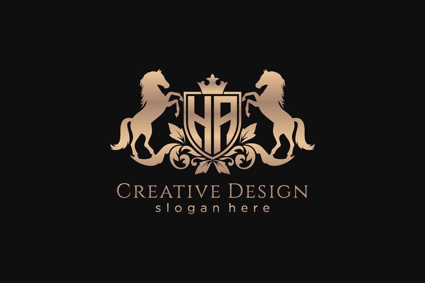 initial HA Retro golden crest with shield and two horses, badge template with scrolls and royal crown - perfect for luxurious branding projects vector