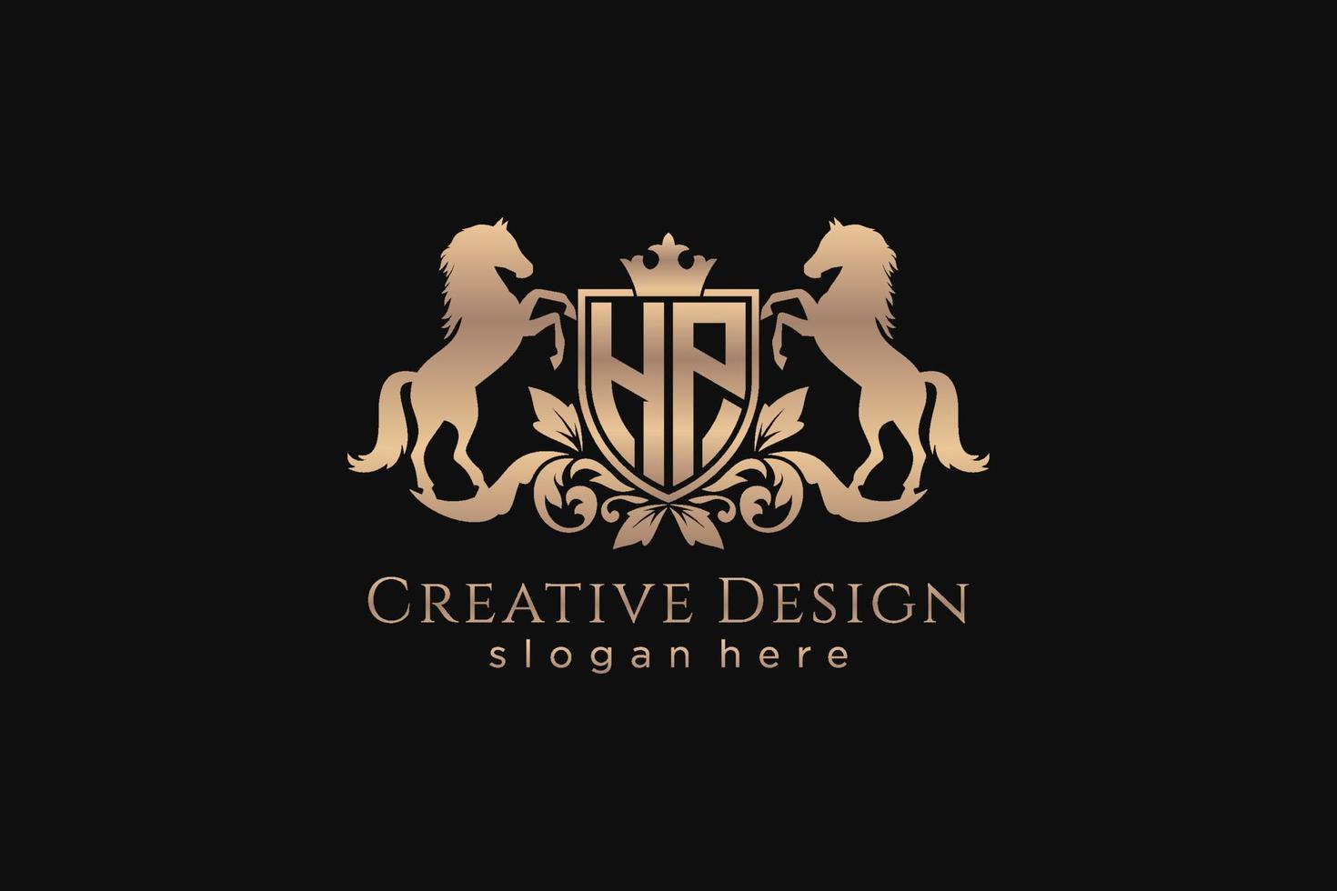 initial HP Retro golden crest with shield and two horses, badge template with scrolls and royal crown - perfect for luxurious branding projects vector