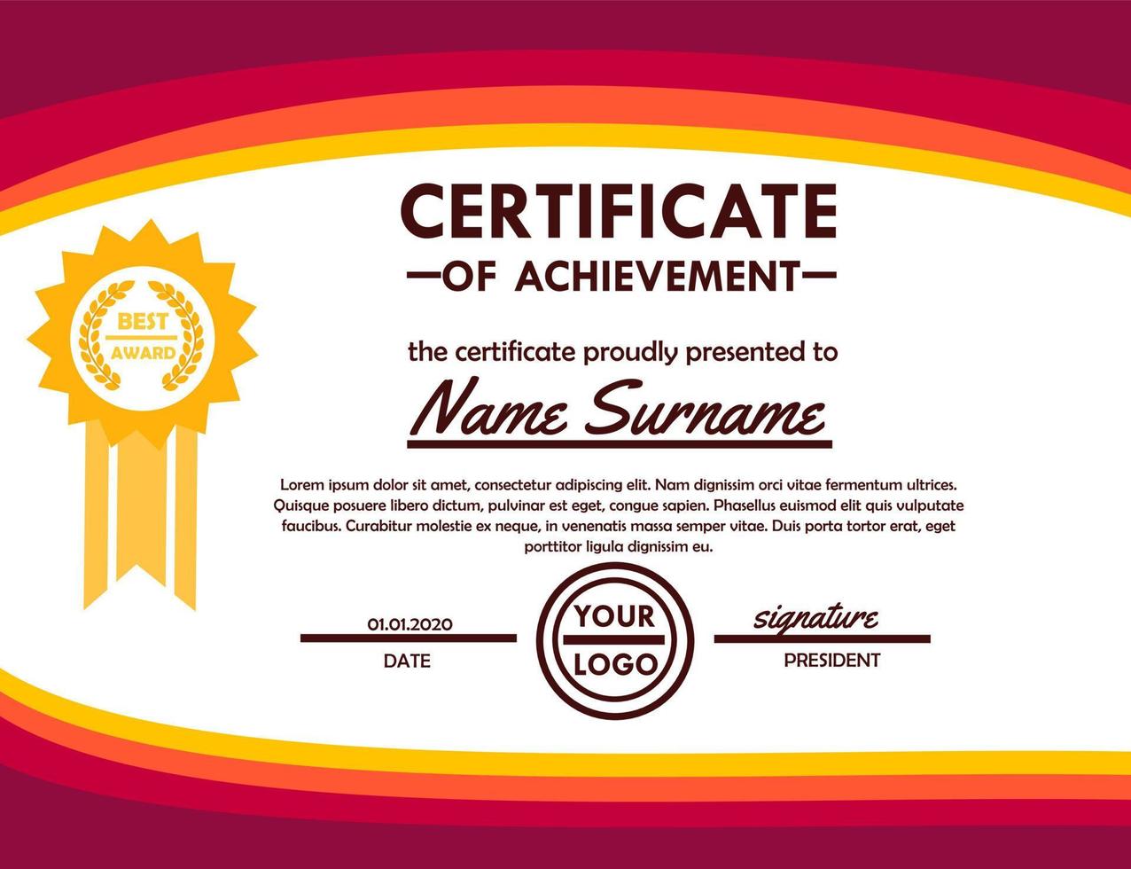 Red certificate of appreciation template.Diploma vector template.Gold border.Laurel wreath icon.