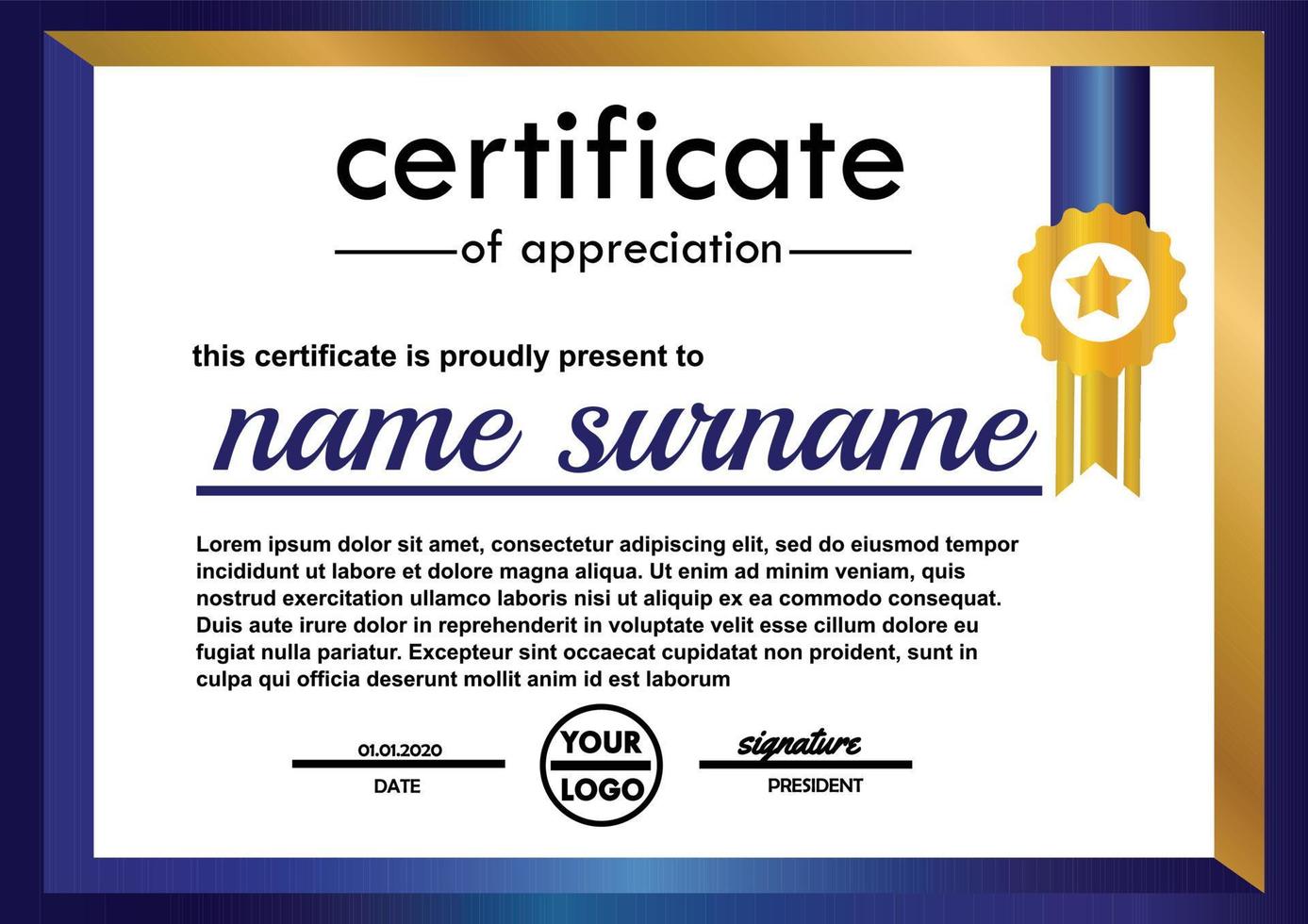 Certificate of appreciation template.Diploma vector template.Gold border.Luxury and modern.Vector illustration.Contest and winning concept.