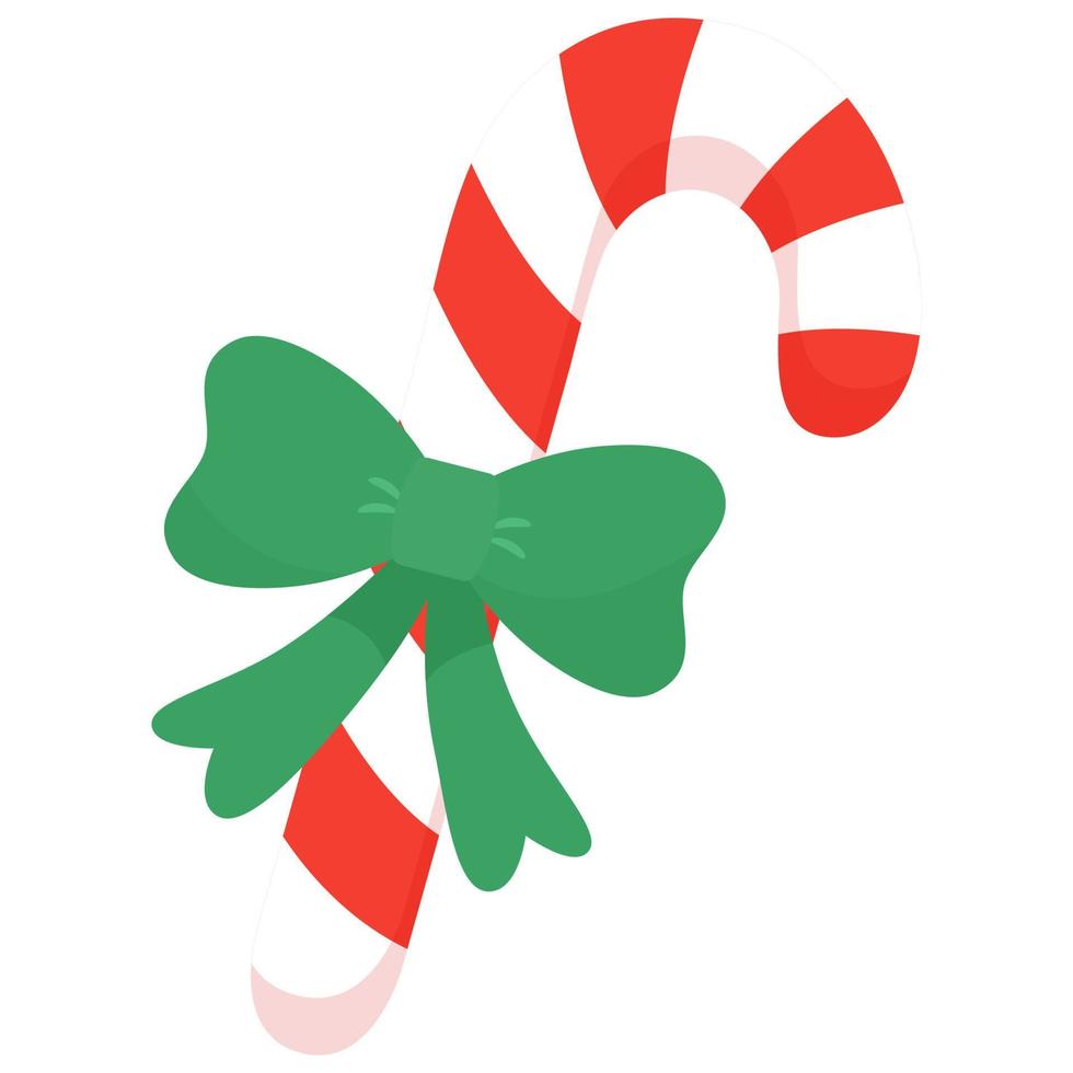 Christmas candy cane with bow. Striped holiday lollipop decorated ribbon. Vector illustration icon isolated on white.