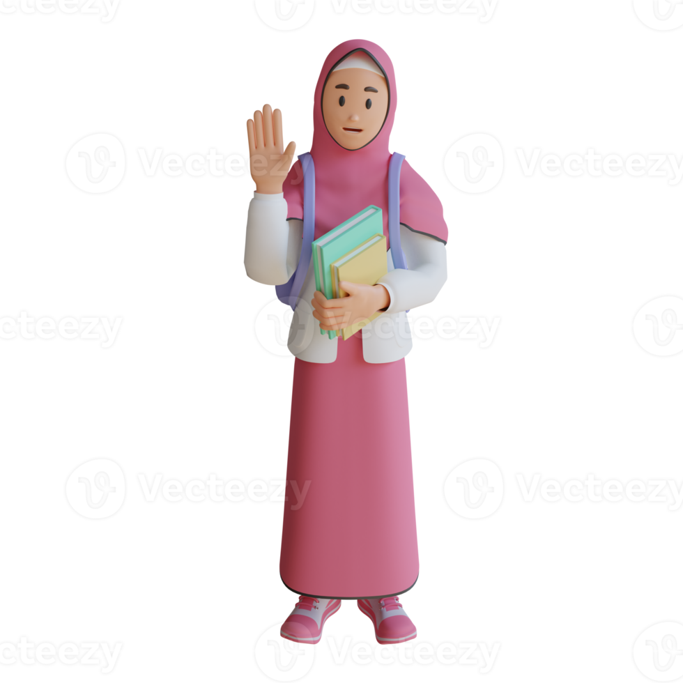 student girl wearing hijab 3d character illustration waving png