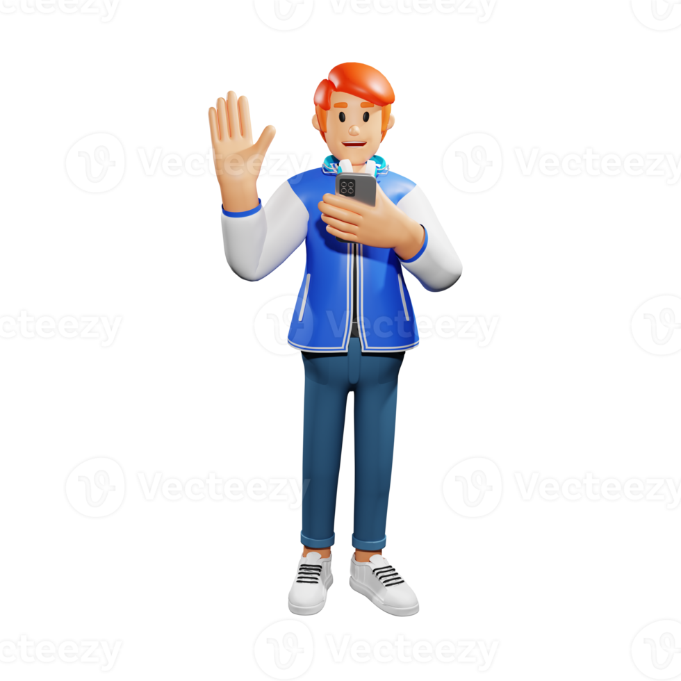 Red hair young people wave hands 3d character illustration png