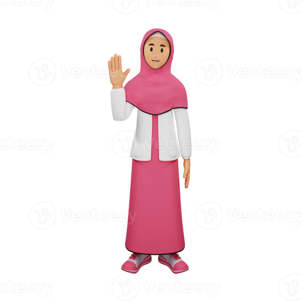 Young muslim girl wave hands 3d character illustration png