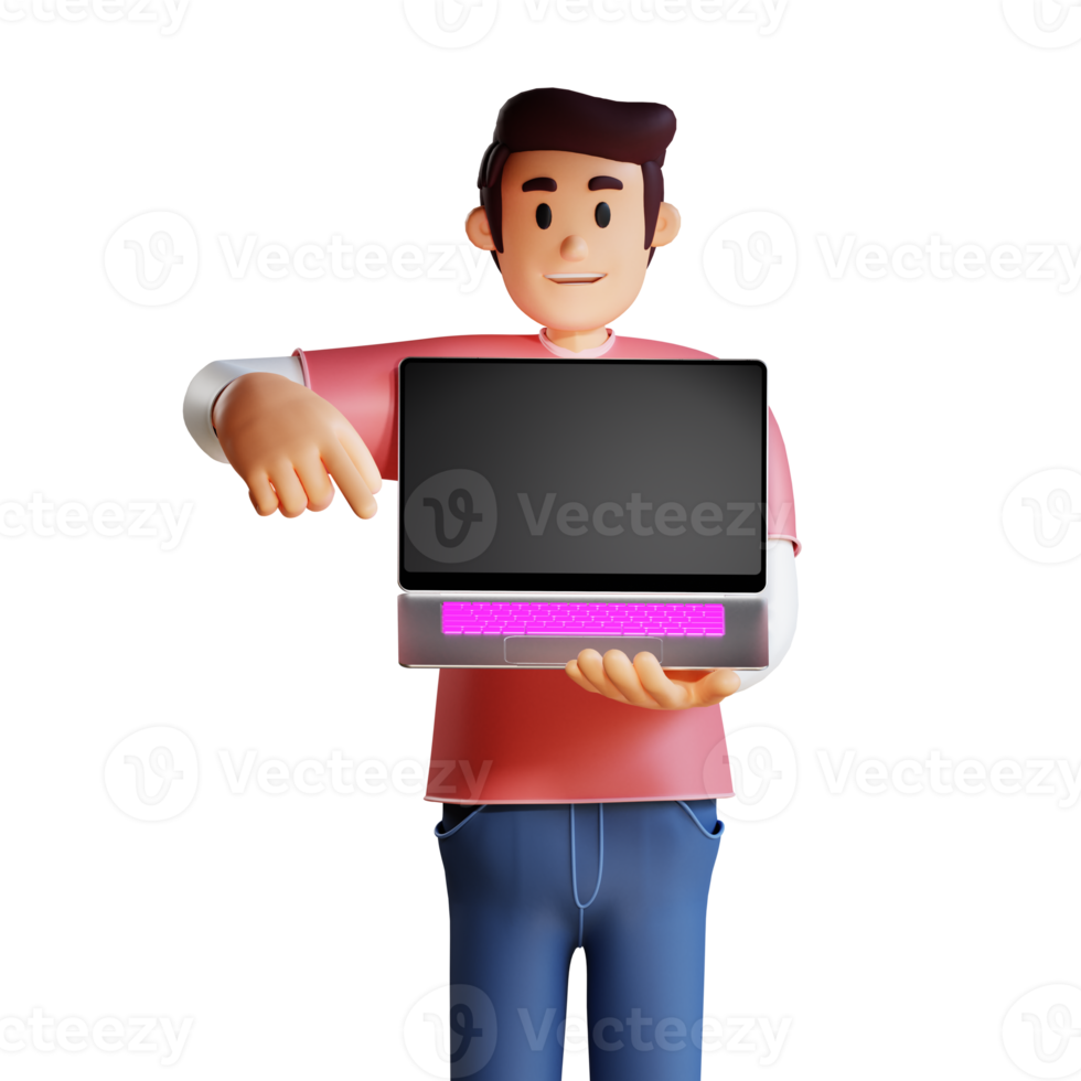Young man holding a laptop 3d character illustration png