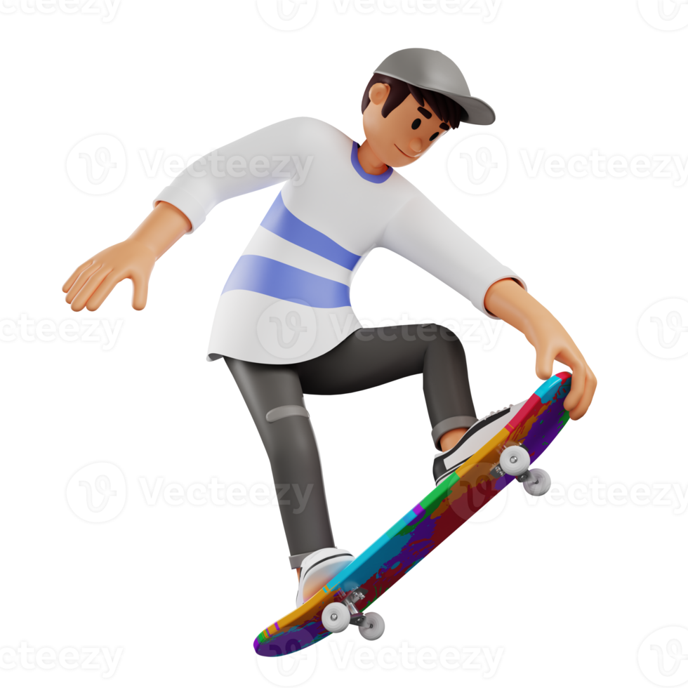 Young boy in hat is skateboarding 3d character illustration png