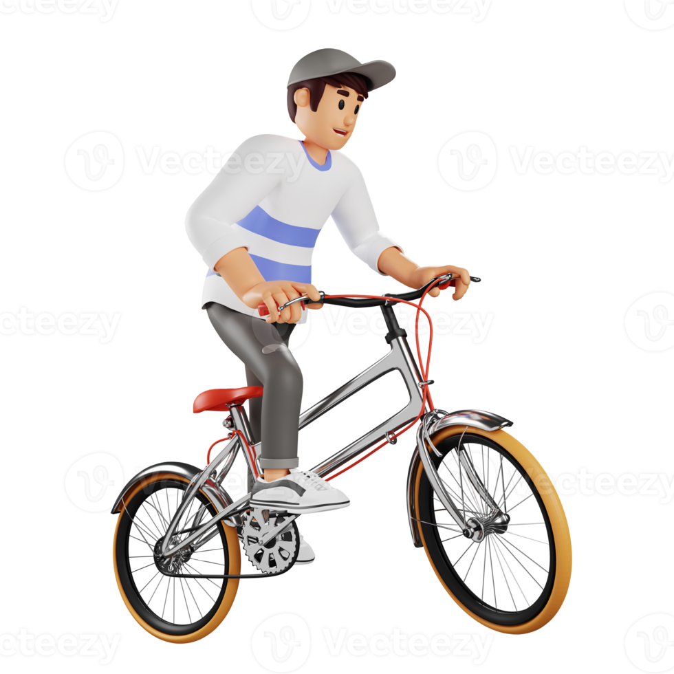 Young man in hat riding a bicycle 3d character illustration png