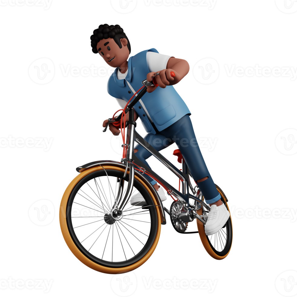 Curly haired young boy riding a bicycle 3d character illustration png