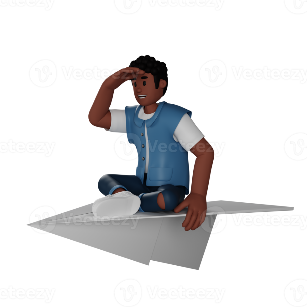 Curly haired young man sitting on a giant paper plane 3d character illustration png