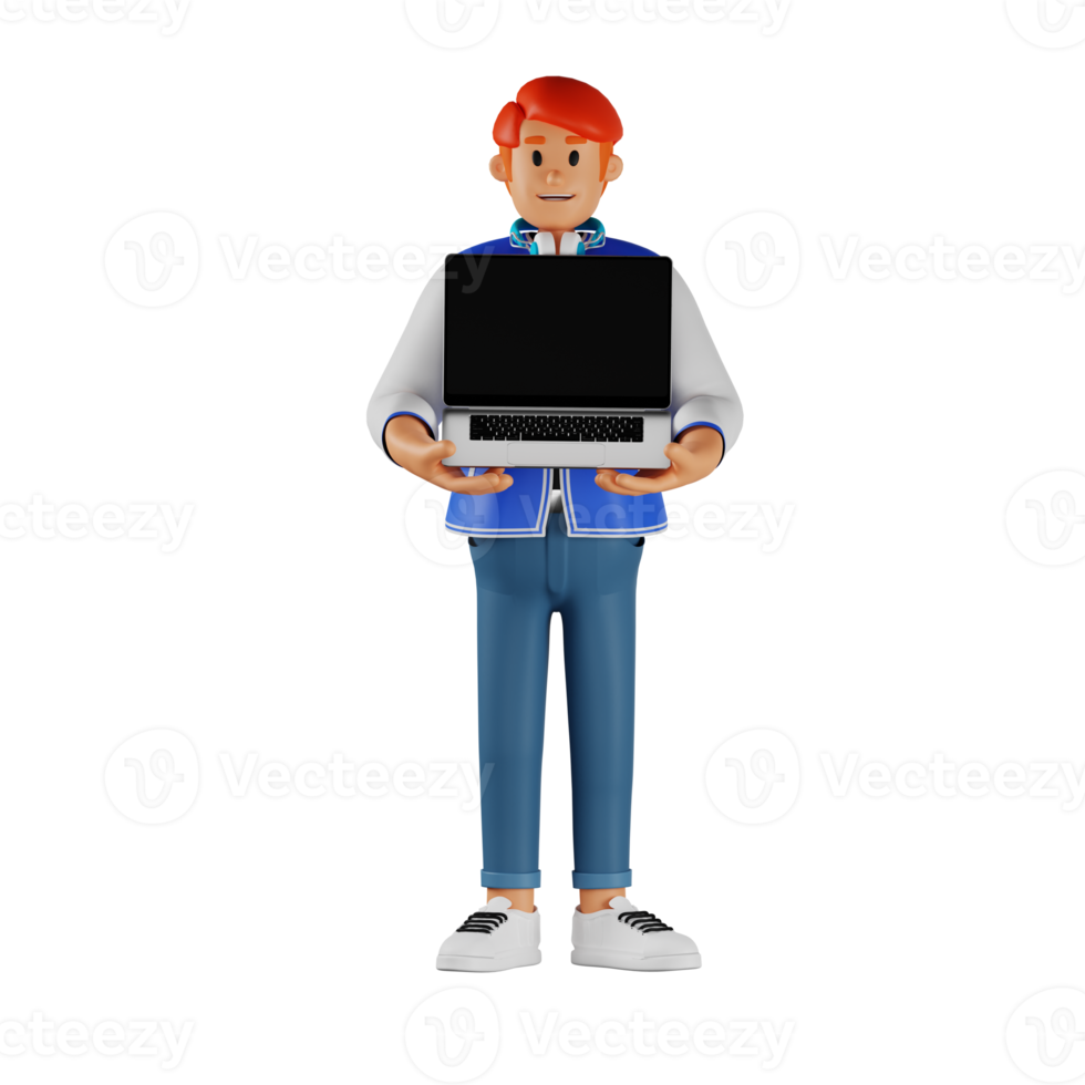 joven pelirrojo sosteniendo una computadora portátil ilustración de personaje 3d png