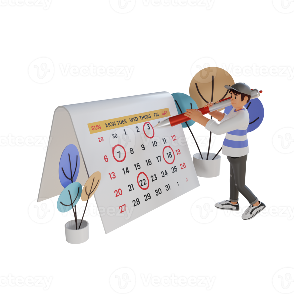 young man circle date on huge calendar, 3d character illustration png