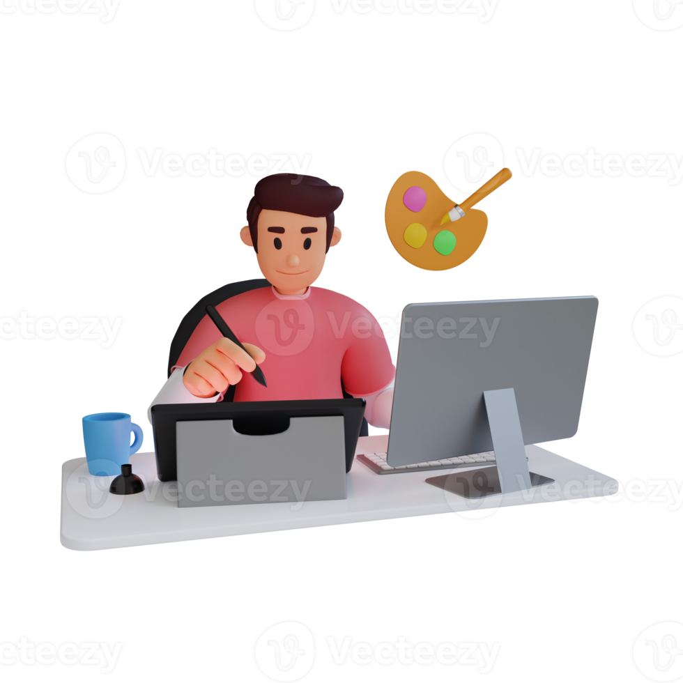 young man using graphic tablet 3d character illustration png