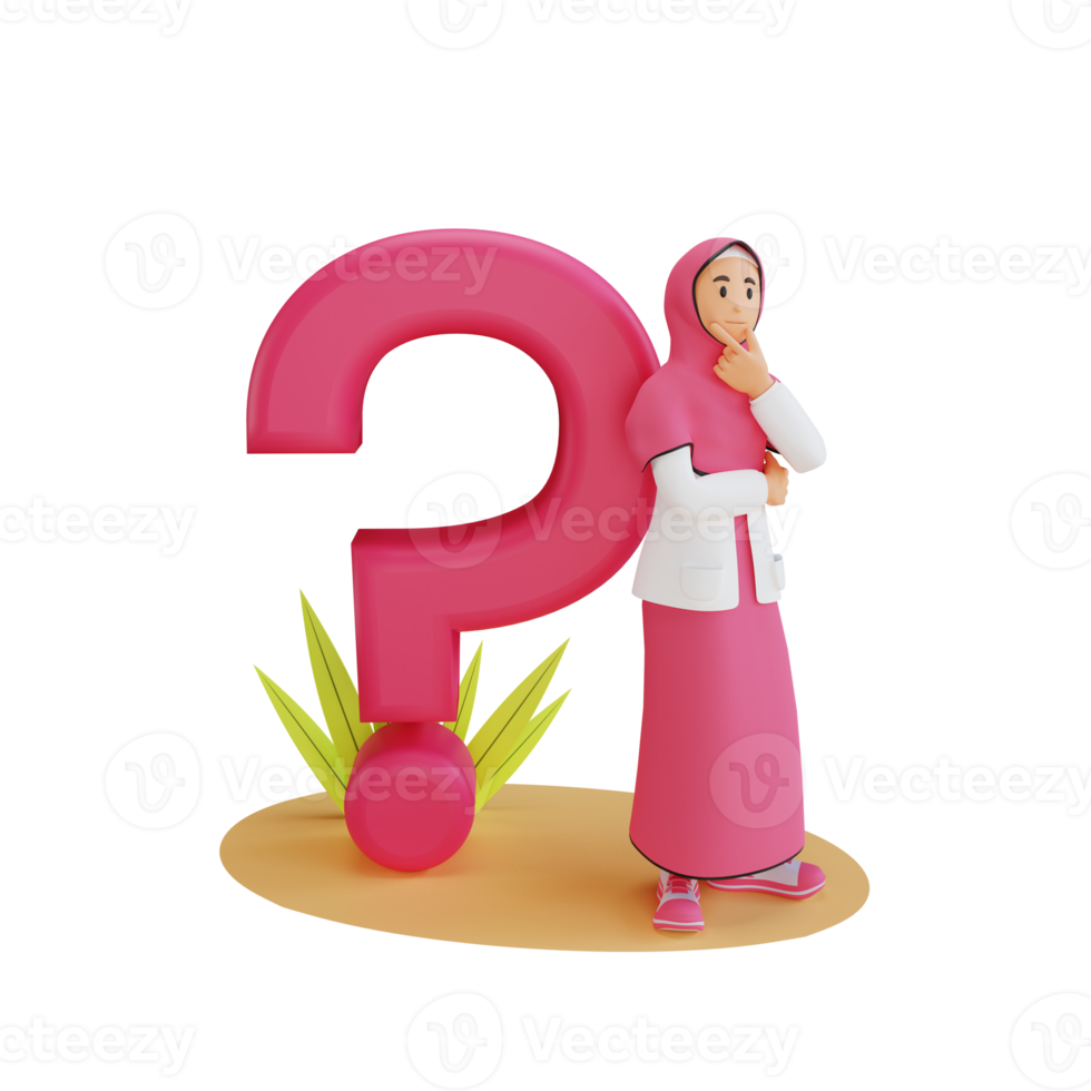 young muslim woman thinking with big question mark, 3d character illustration png