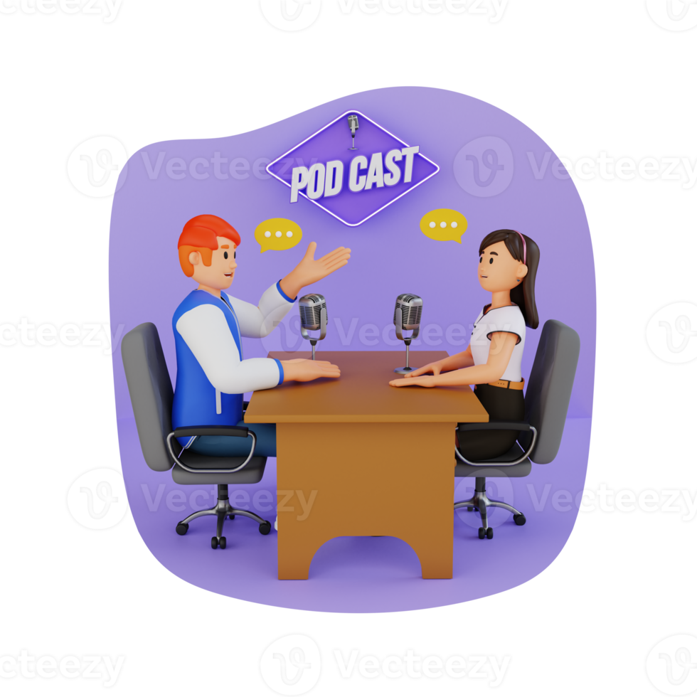 man and woman doing podcast 3d character illustration png