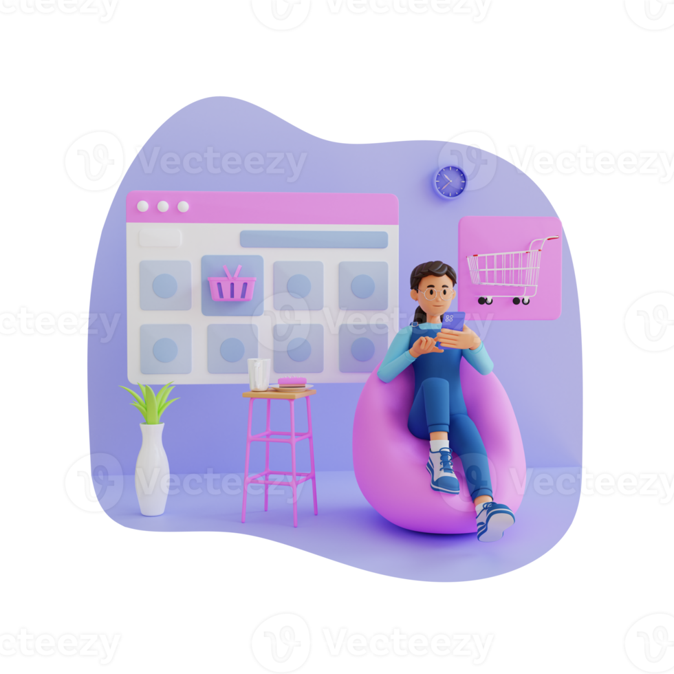 Young people are shopping online in the marketplace 3d character illustration png