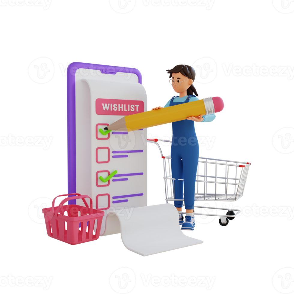 girl checking shopping list 3d character illustration png