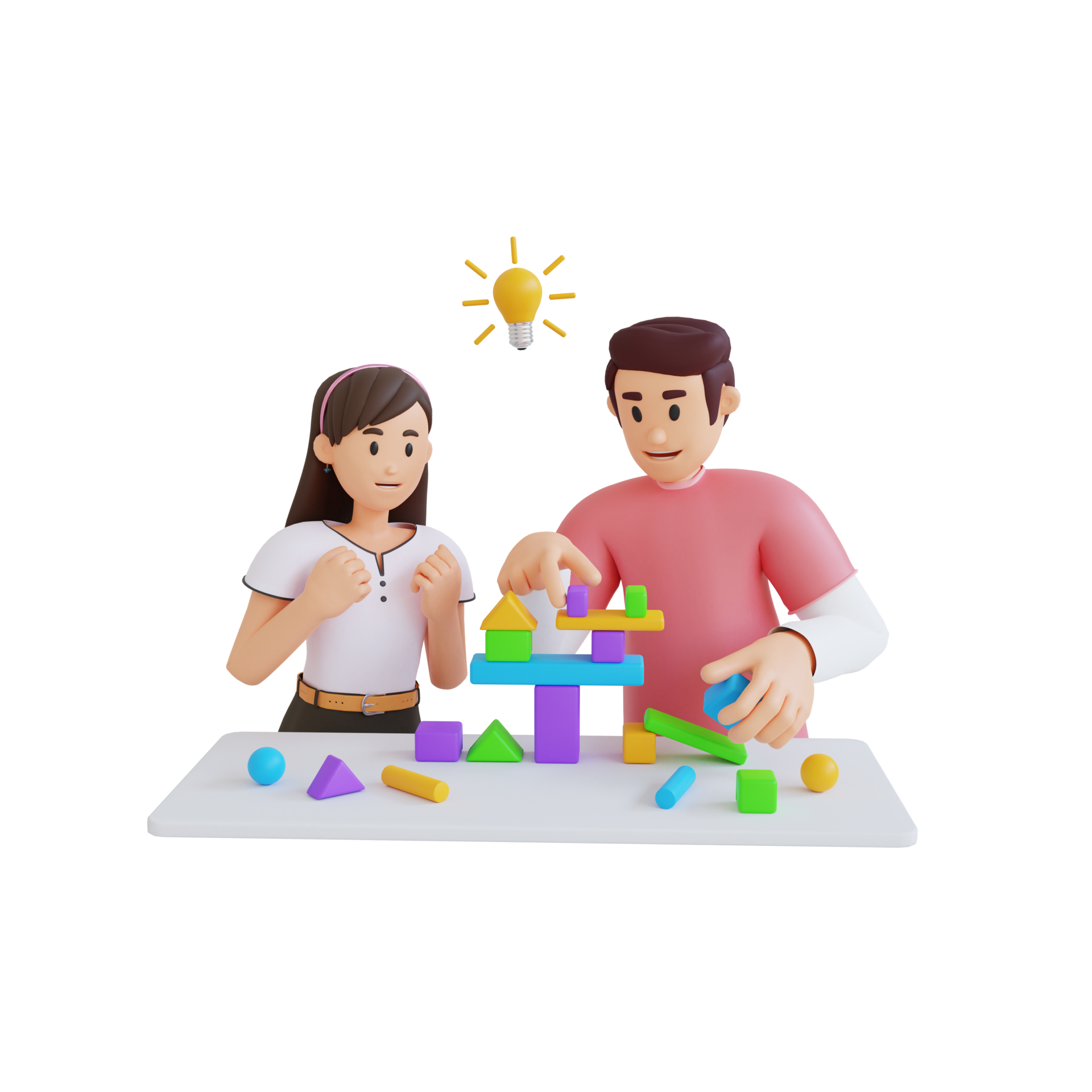 young teenage find ideas when playing block 3D character illustration