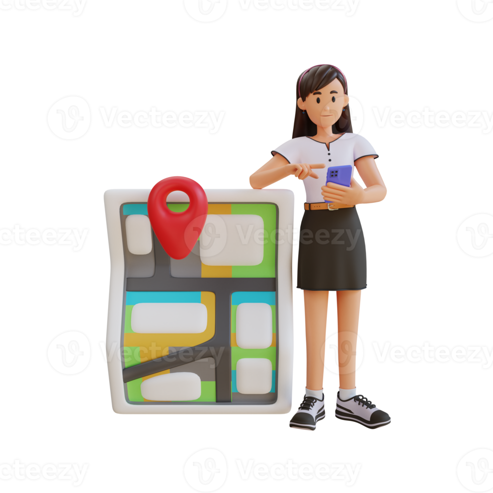 young girl checking map using smart phone 3D character illustration png