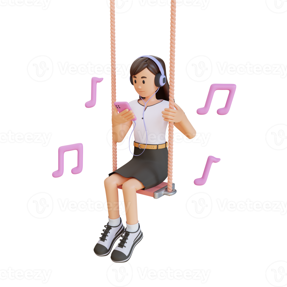 young woman hearing music while playing on the swing 3D character illustration png