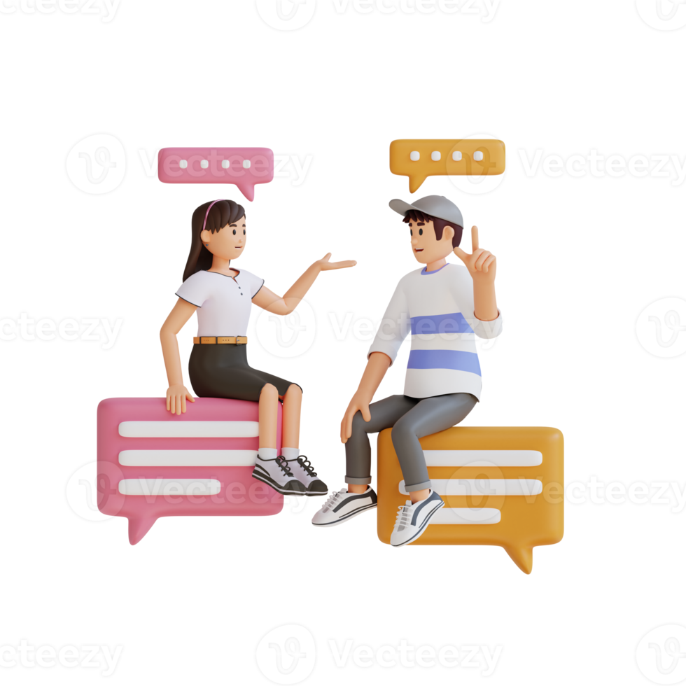 young boy and girl doing online chatting 3D character illustration png