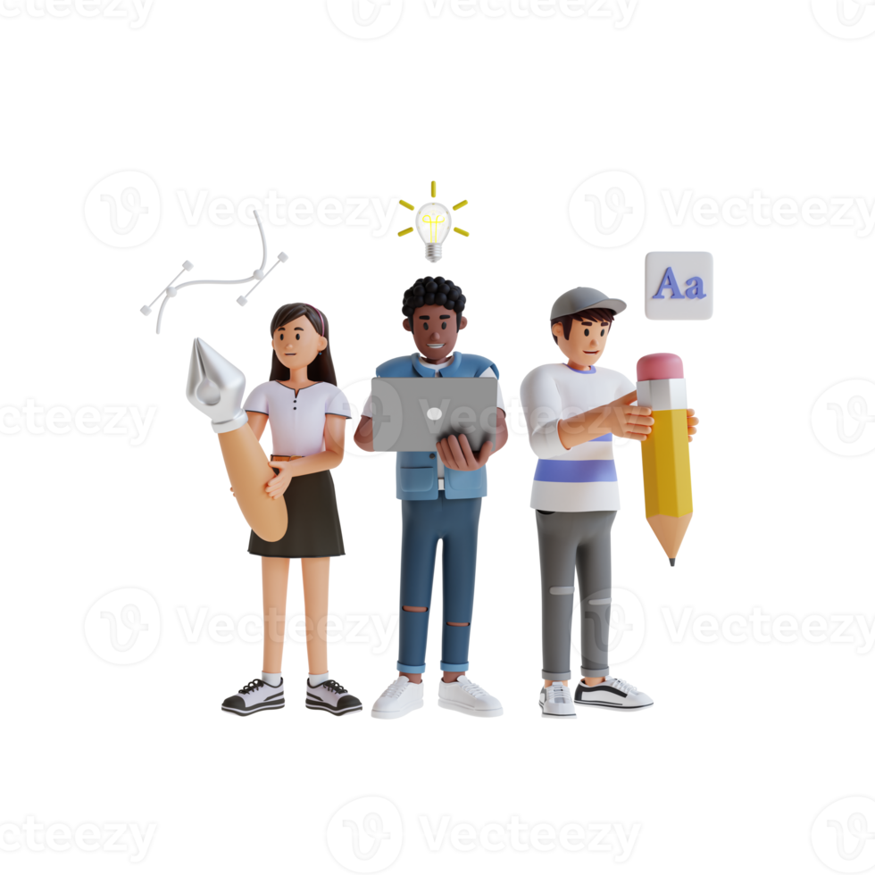 tonåring arbetssätt i grupp använder sig av bärbar dator och håll stor penna medan stående 3d karaktär illustration png