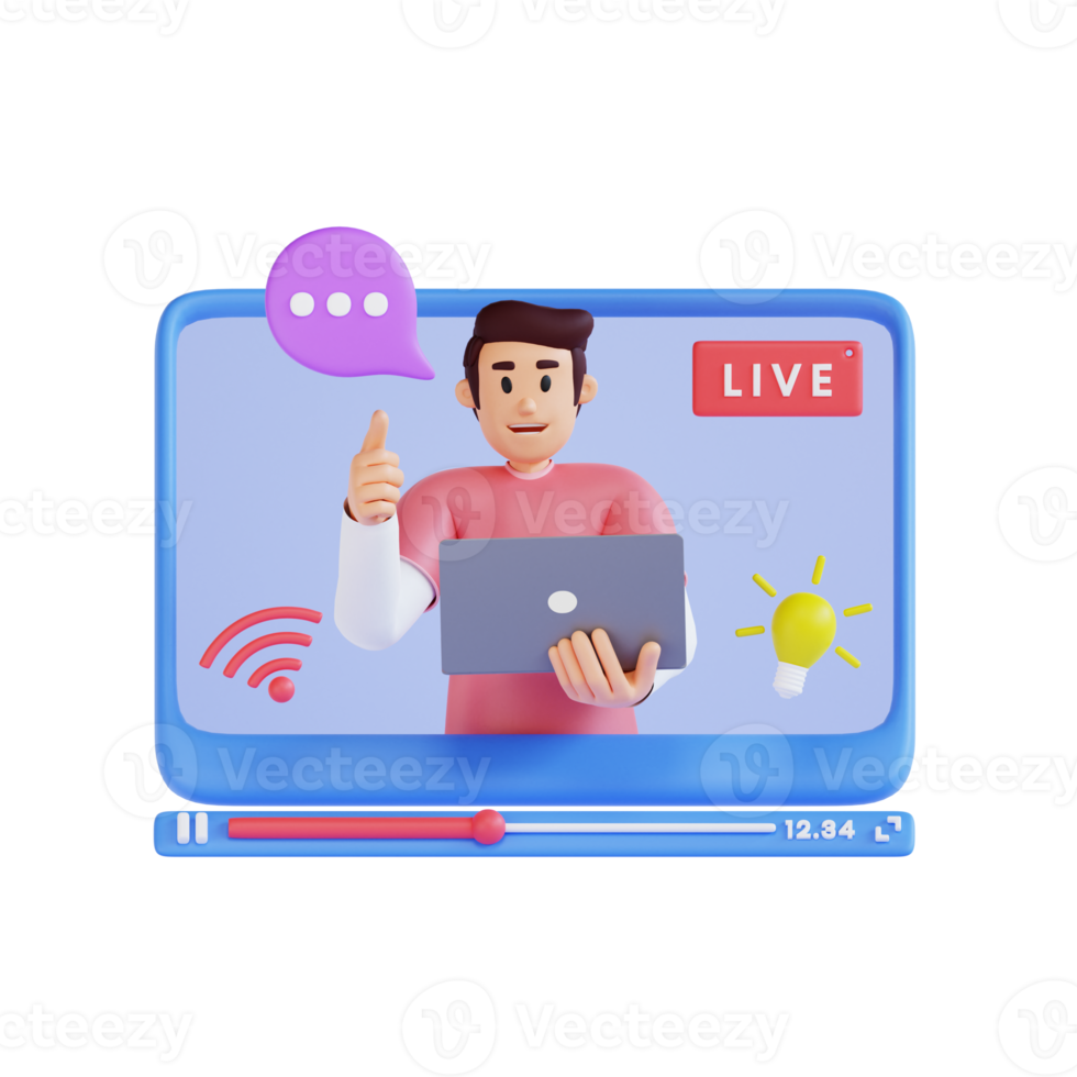 young man delivered video via live 3d character illustration png