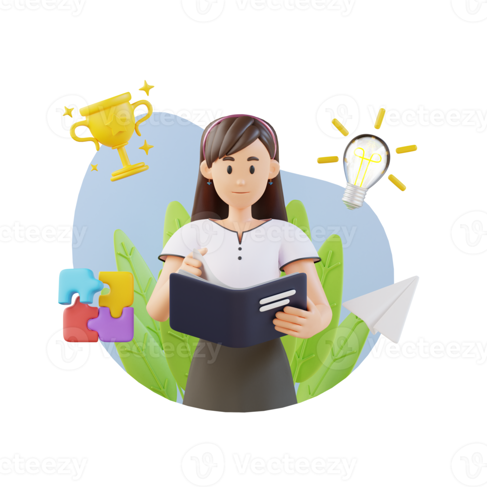 young girl reading a book while standing 3d character illustration png
