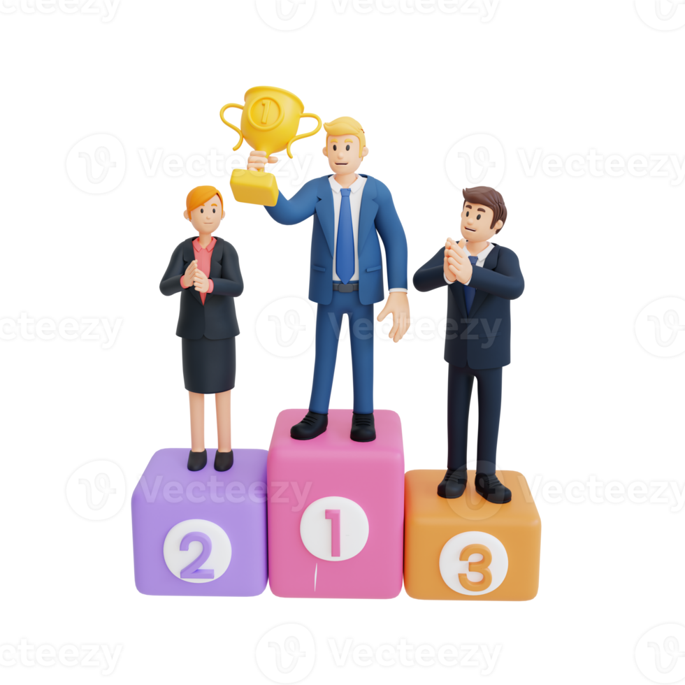 businessperson stand on podium hold winner cup 3d character illustration png