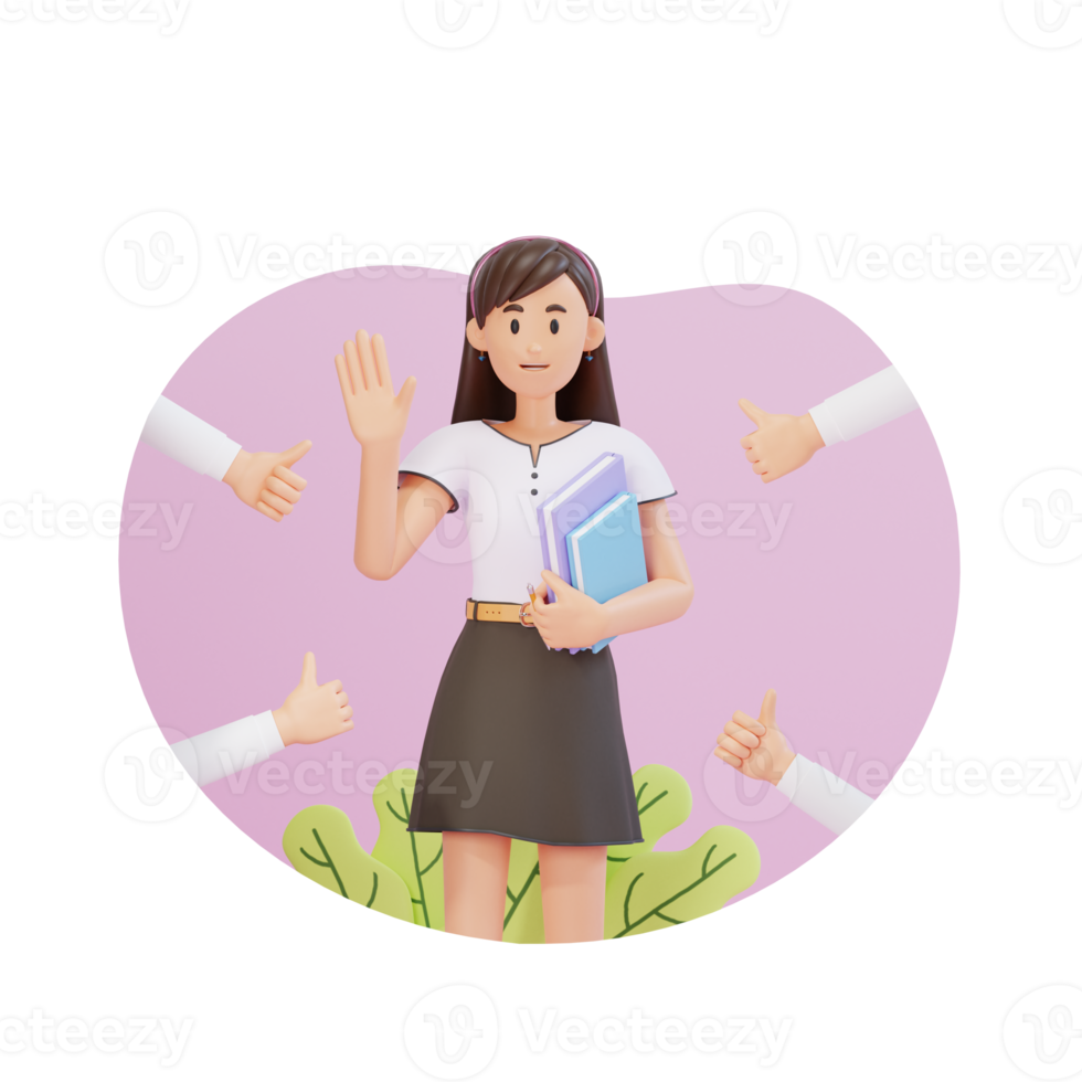 young girl greeting while carrying a book with thumbs up around it 3d character illustration png