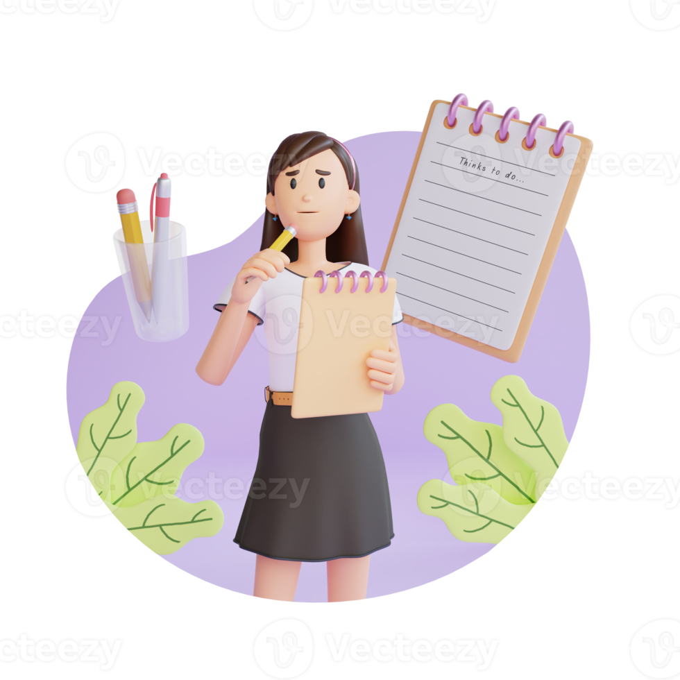 young girl holding notebook while thinking 3d character illustration png