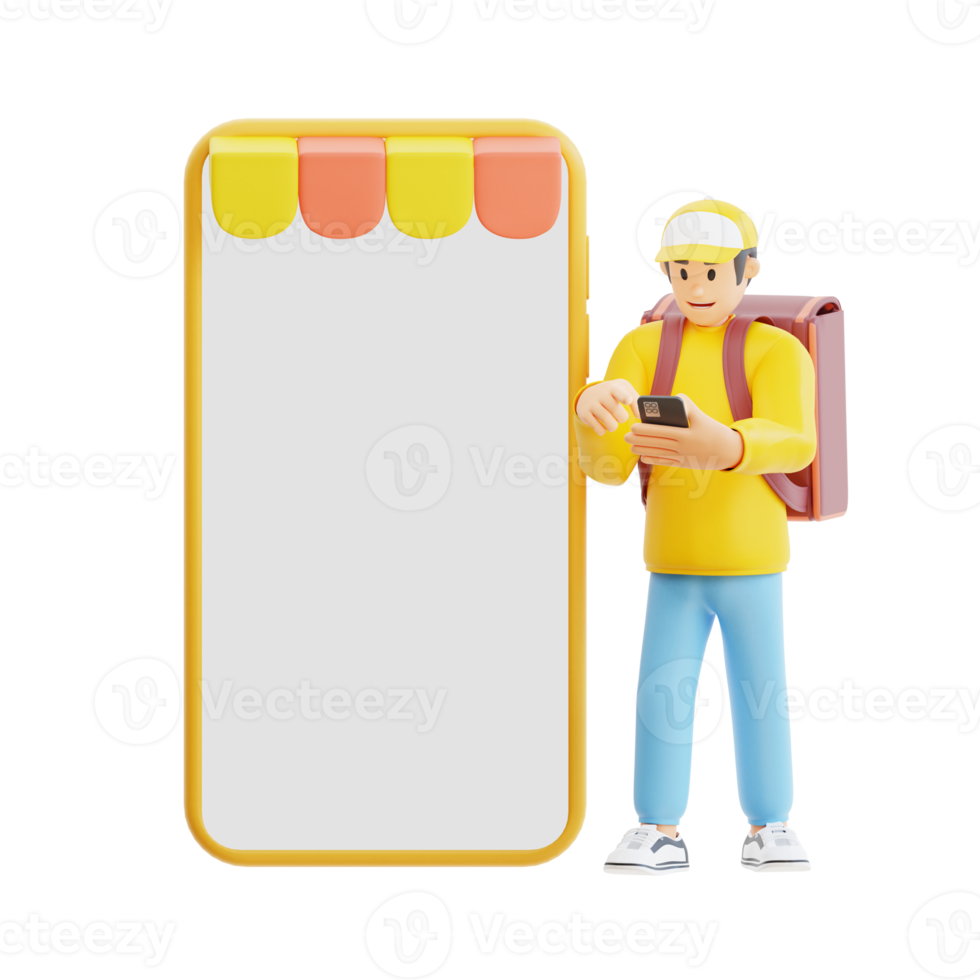 young man clicking over smartphone screen ordering via mobile app 3d character illustration png