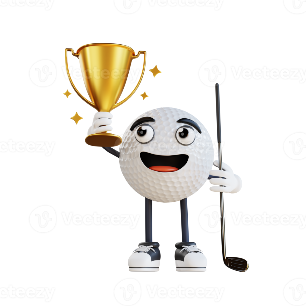golf ball mascot holding golden trophy 3d character illustration
