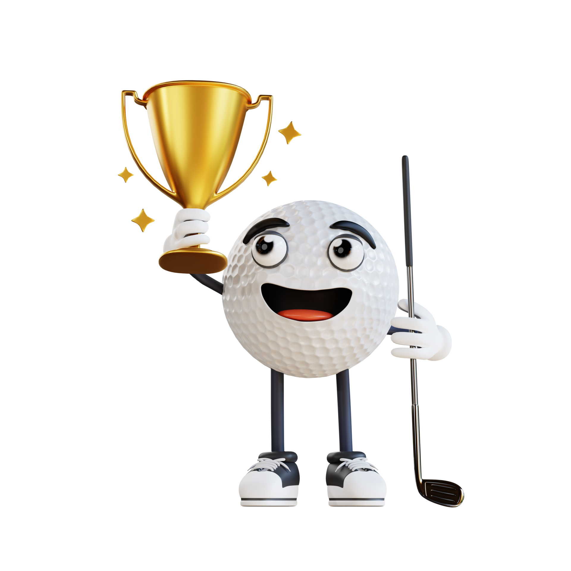 golf ball mascot holding golden trophy 3d character illustration
