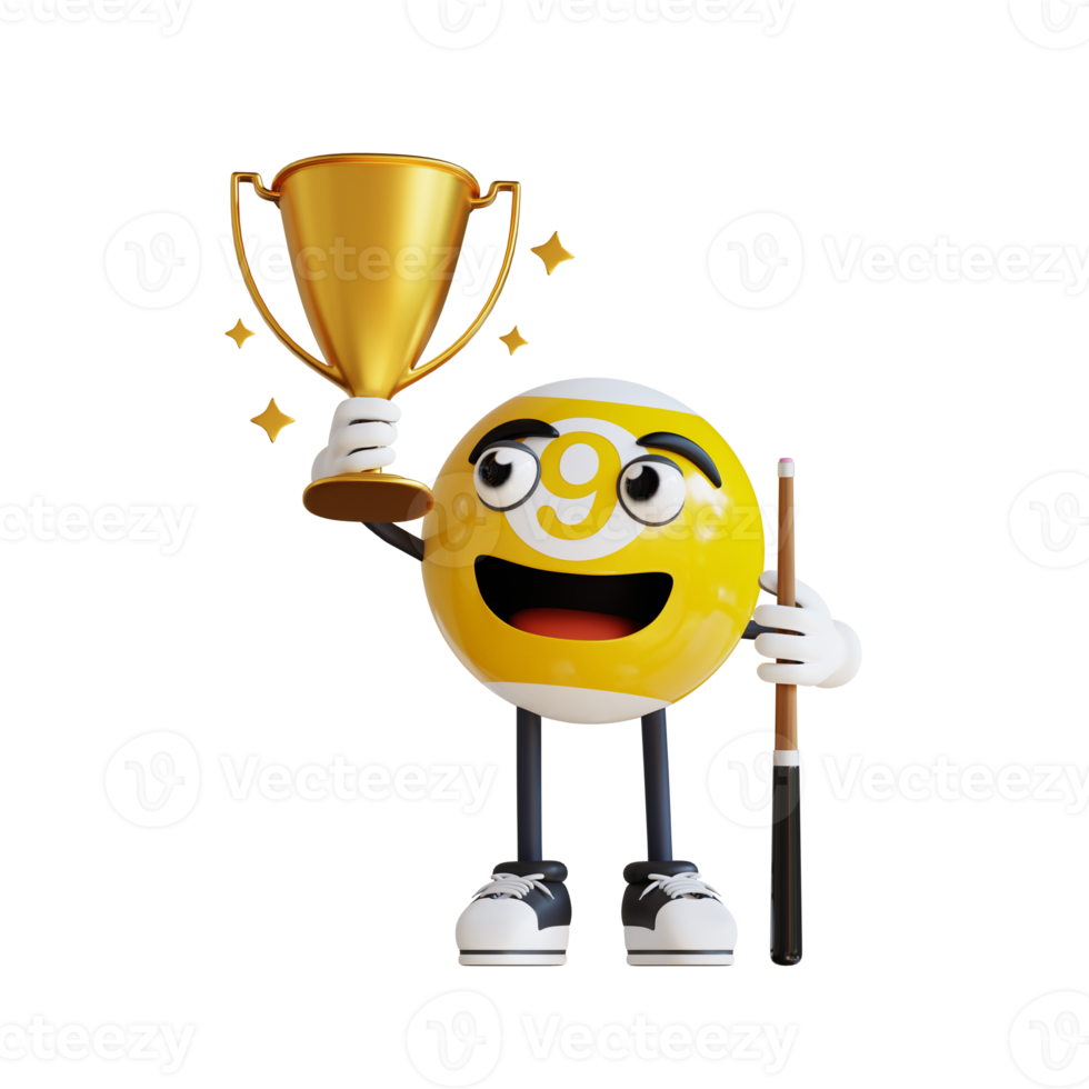 yellow billiard ball mascot holding a trophy 3d character illustration png