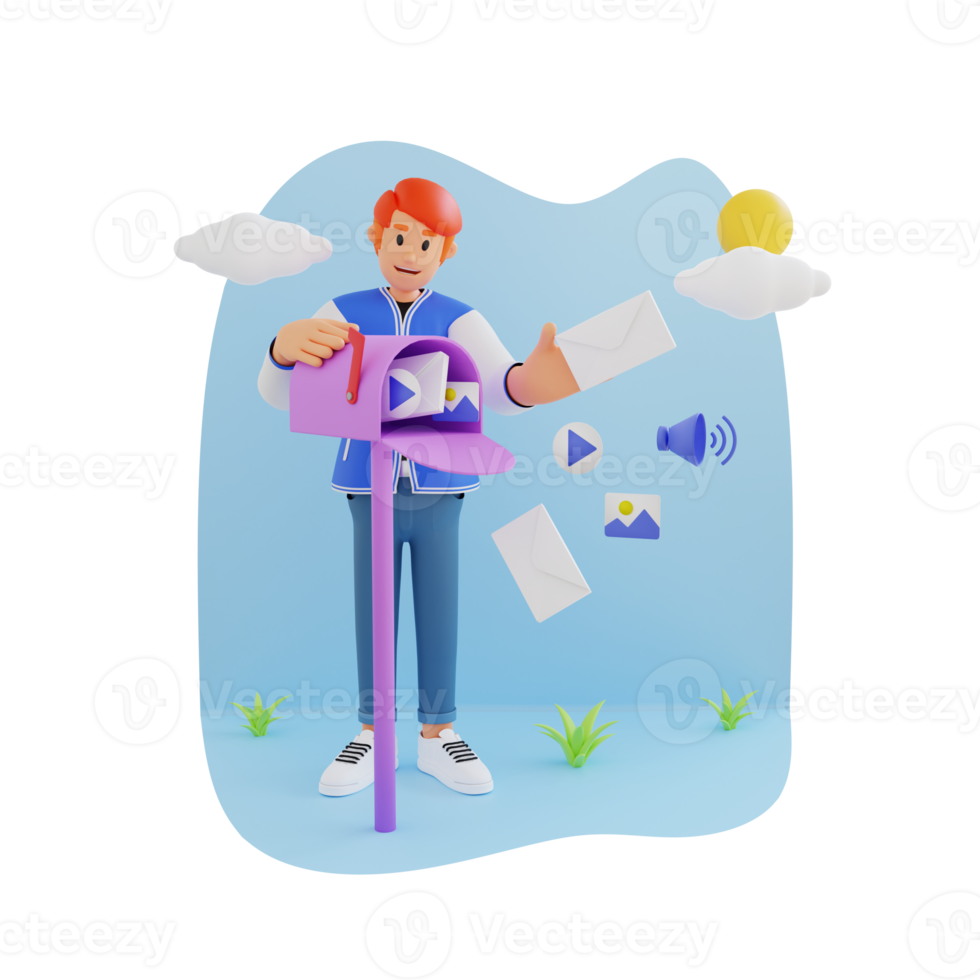 Young people receive email marketing and subscriptions 3d character illustration png