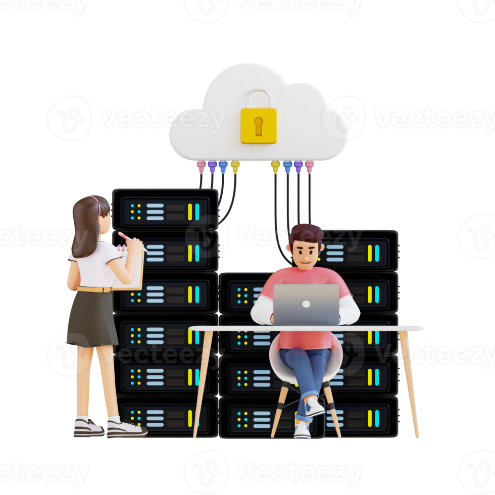 junger mann und mädchen, die in einem serverraum 3d-charakterillustration zusammenarbeiten png