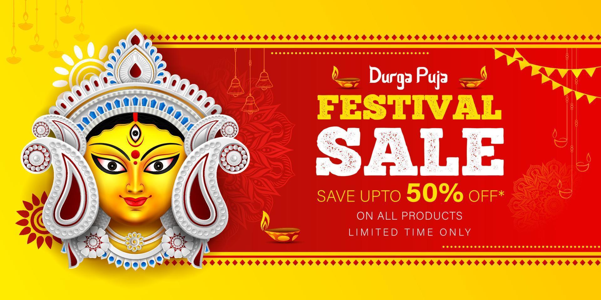 diseño de plantilla de banner de venta de festival de durga puja feliz diseño de banner de venta de navaratri con ilustración de cara de durga maa vector