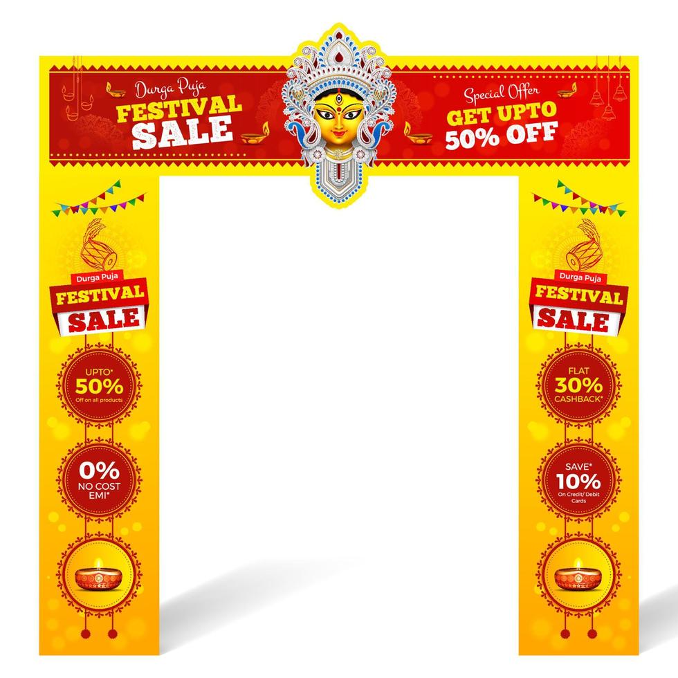 happy durga puja festival sale banner, navaratri festival offer banner template design with goddess durga face illustration vector