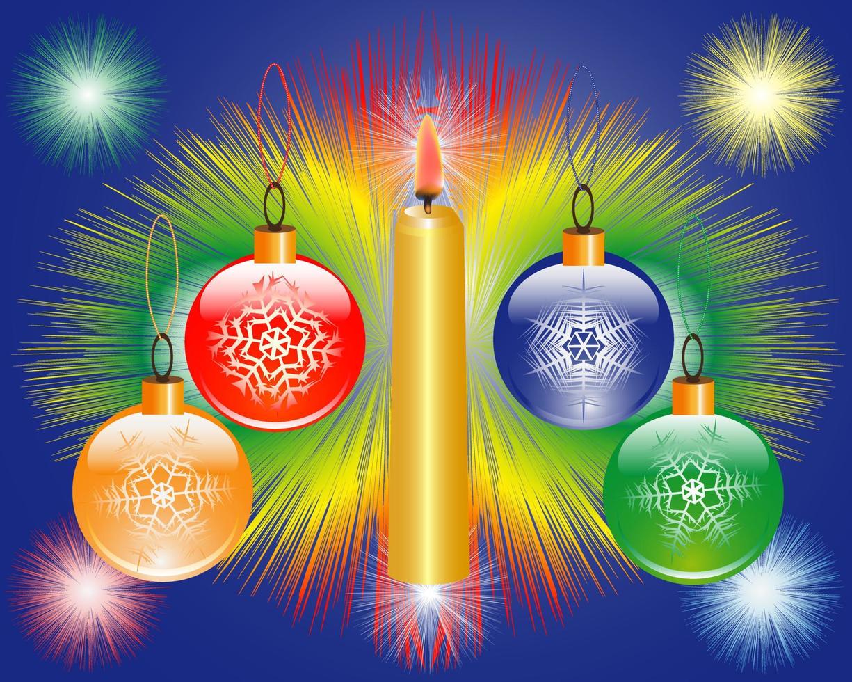 new year's toys and burning candle on a dark blue background vector