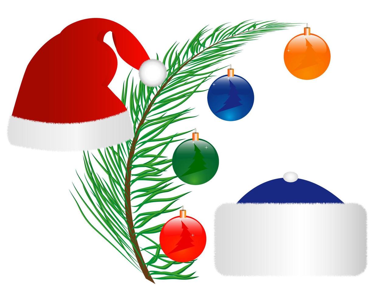 twig tree with Christmas toys and two caps of Santa Claus vector