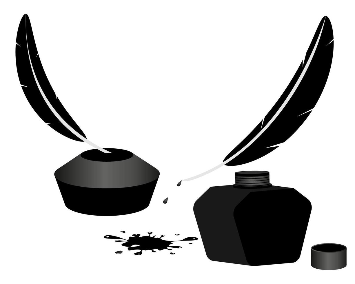 two inkwells and two pens with blots on a white background vector