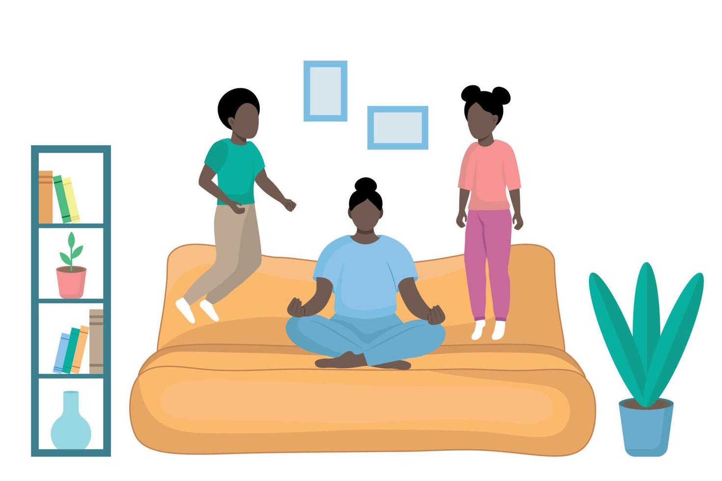 Dark-skinned family at home, mom sits on the sofa in a lotus position, ignoring the children jumping next to her, flat vector, faceless illustration vector
